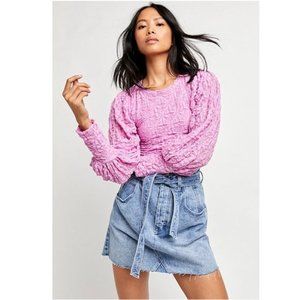 Free People Tea Time Long Puff Sleeve Crop Top in Pink M